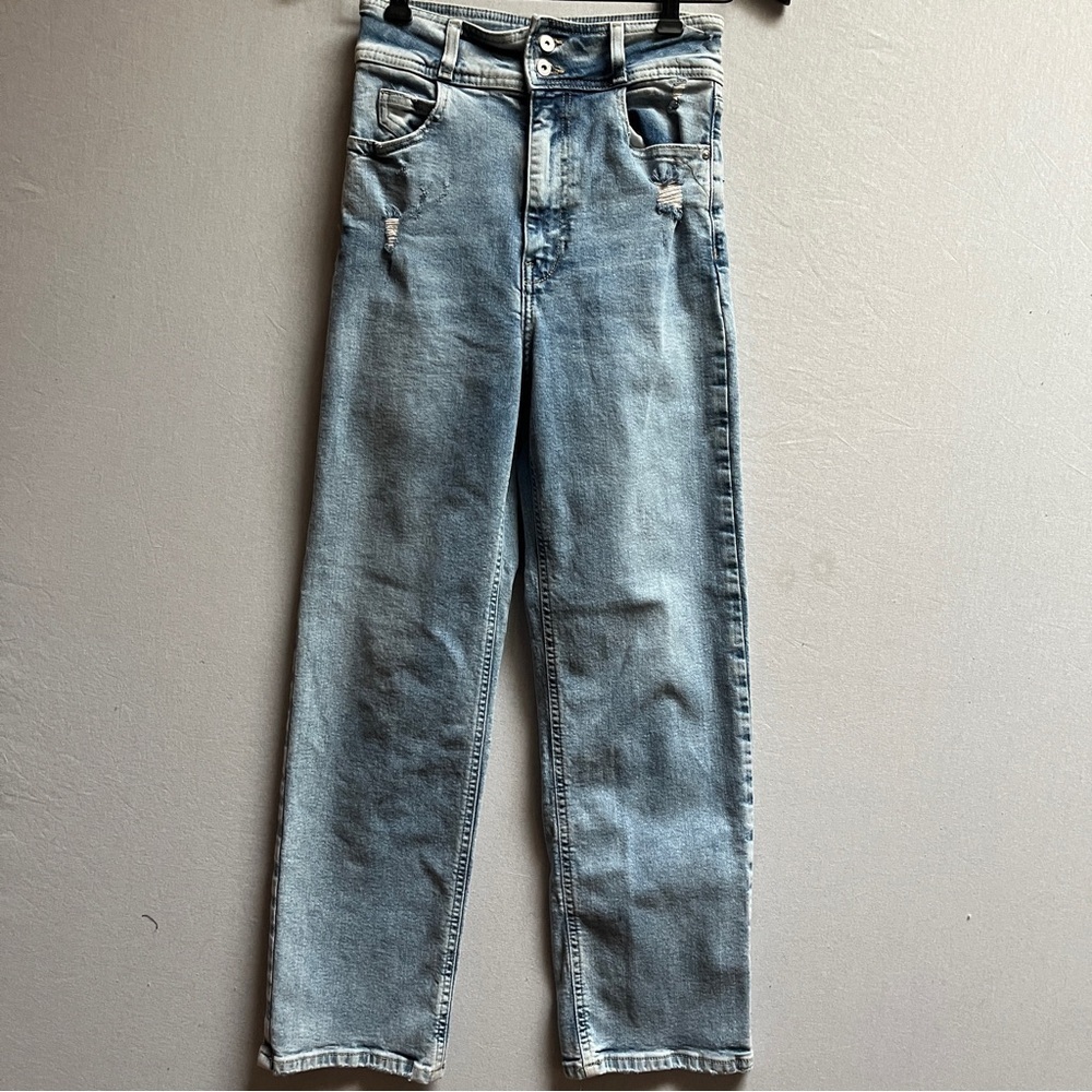 ZARA High Waisted Straight Leg Distressed Blue Denim Jeans Size 2 / 25